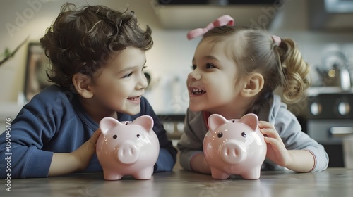 Siblings Comparing Piggy Ba...