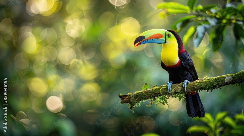 Obraz premium Vibrant Toucan Perched on a Branch in a Lush Rainforest