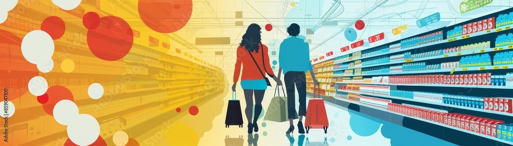 Couple Shopping in a Supermarket with Abstract Design - A couple walks through a stylized supermarket aisle with colorful abstract backgrounds and shelves full of products. Couple Shopping in a Supermarket with Abstract Design - A couple walks through a stylized supermarket aisle with colorful abstract backgrounds and shelves full of products.