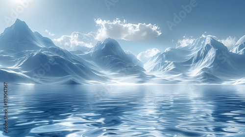 Abstract Mountainous Terrain with Serene Maritime Themes and Luminous 3D Objects - Rounded Forms, Calm Waters, Realistic Blue Skies, Smooth and Curved Lines