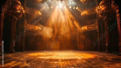 The theatre stage is equipped with spotlights, wooden floors and gold decorat...