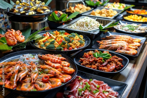 Party Catering. Asian Cuisine Buffet for Cheering Celebration with Crowd of Choices