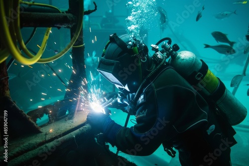 Diver Welding Underwater Metal Structure Amidst Fish in Daylight © AHNH