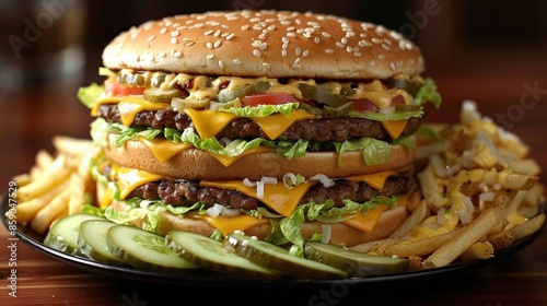 Delicious triple-decker burger with classic toppings, fries, pickles photo