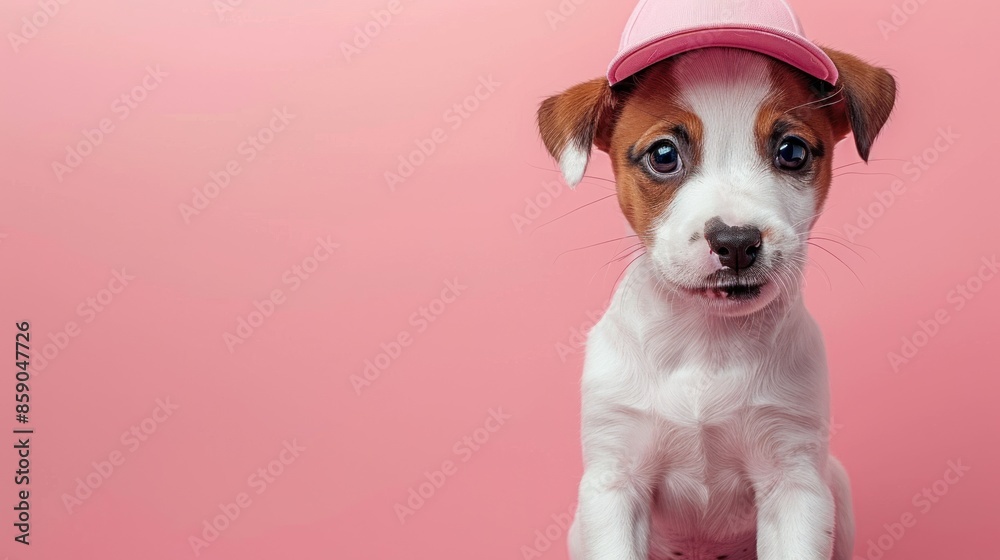 A small dog sits against a light pink background wearing a pink baseball cap A small dog sits against a light pink background wearing a pink baseball cap