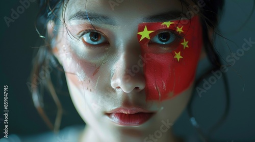 A fan girl at the Olympic Games. The Chinese flag is painted on her cheek.