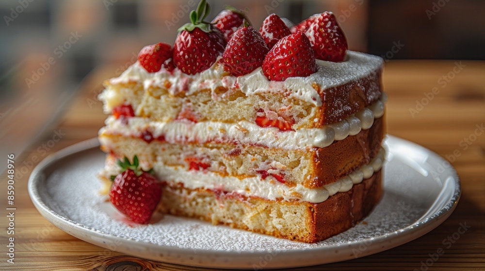 Close-up of strawberry cake with whipped cream and powdered sugar Close-up of strawberry cake with whipped cream and powdered sugar