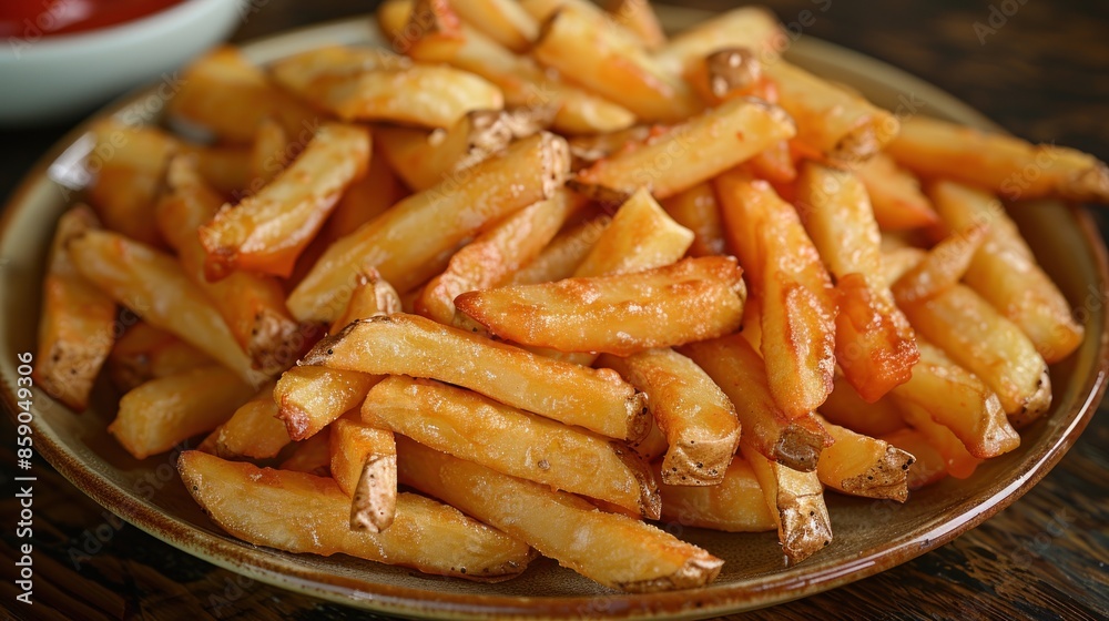Close-up of a plate of golden brown french fries Close-up of a plate of golden brown french fries
