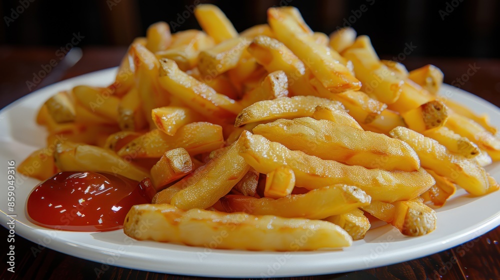 A plate of golden-brown french fries with a dollop of red sauce