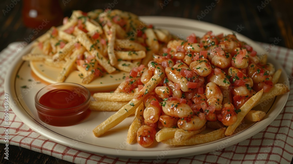 Fototapeta premium Close-up of a plate of french fries with a creamy white bean and savory sauce topping