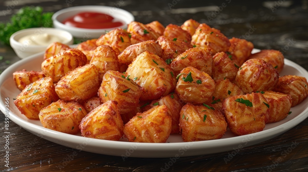A plate of crispy golden potato bites topped with fresh parsley A plate of crispy golden potato bites topped with fresh parsley
