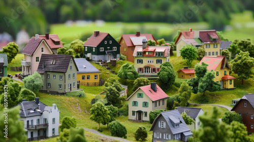 Wallpaper Mural A detailed miniature model village features colorful houses and lush greenery, showcasing idyllic suburban living and architectural charm. Torontodigital.ca