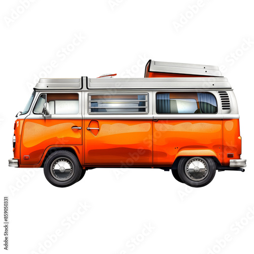 Classic retro orange camper van isolated on a white background, perfect for travel and adventure themes.