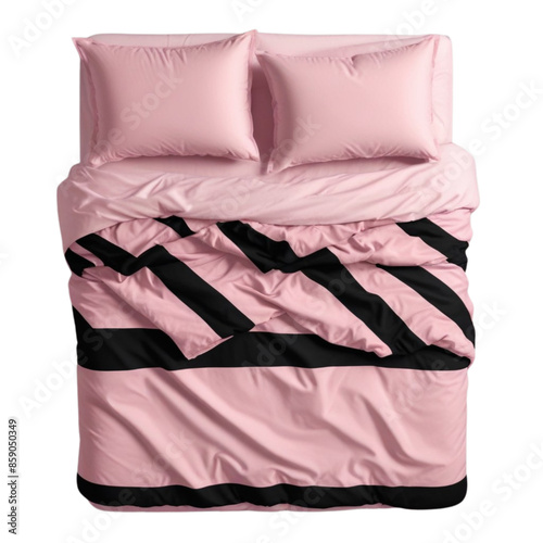 Empty pink blanket, pillows, comforter duvet bedding double king queen single bed top view on Isolated transparent background png. generated with AI