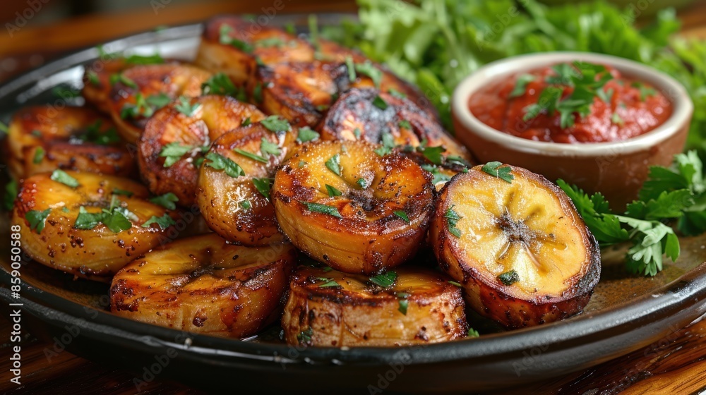 Deliciously fried plantains with a side of spicy red sauce Deliciously fried plantains with a side of spicy red sauce