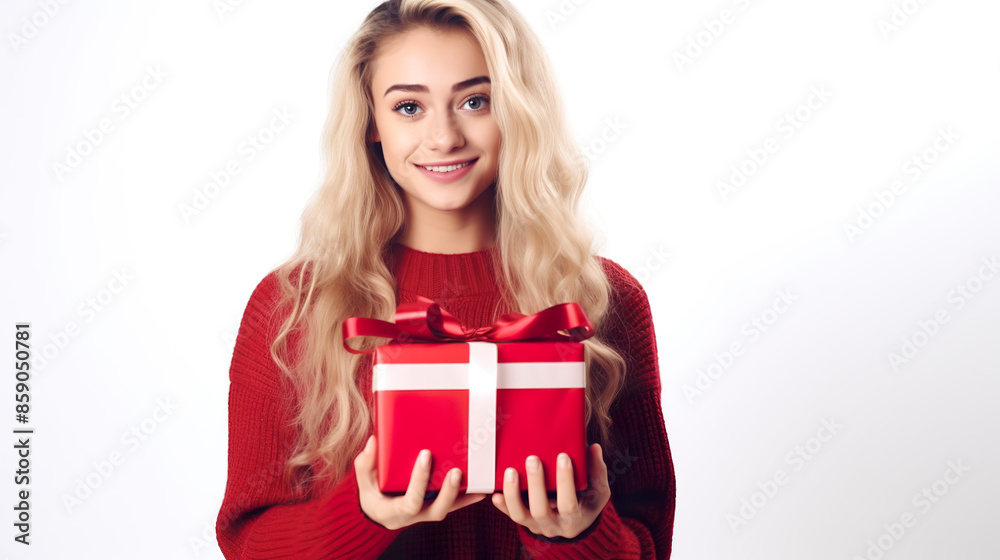 Fototapeta premium Girl alone on a white background holding her Christmas present