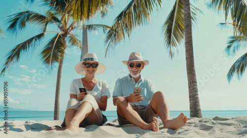 Fototapeta Naklejka Na Ścianę i Meble -  happy couple of caucasian pensioners relax sitting on the sand under palm trees on the beach using phones, happy joint vacation with gadgets