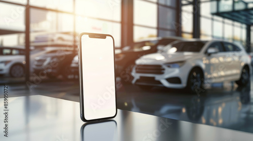 Another view of a blank-screen smartphone displayed on a sleek table in a well-lit car showroom with modern interiors.