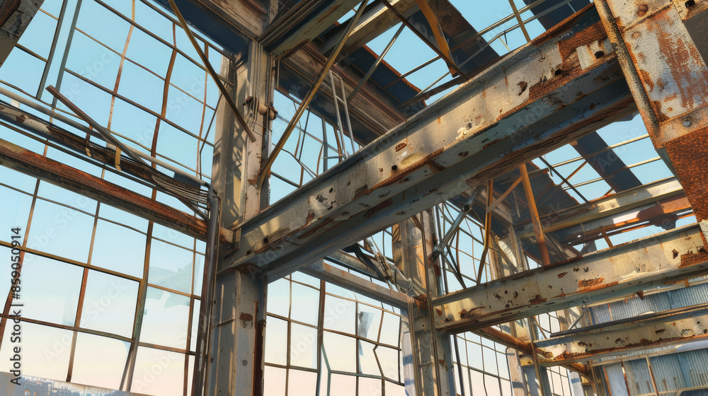 A rusty, abandoned industrial building with broken windows, bathed in the warm glow of the setting sun.