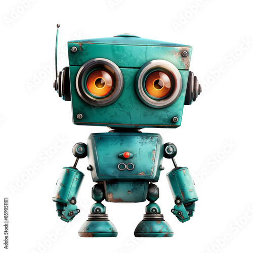 Cute retro-styled robot with big orange eyes and teal body, showcasing vintage robotics and technology charm.