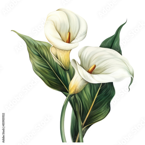 A close-up of a beautiful white calla lily flower isolated on a white background