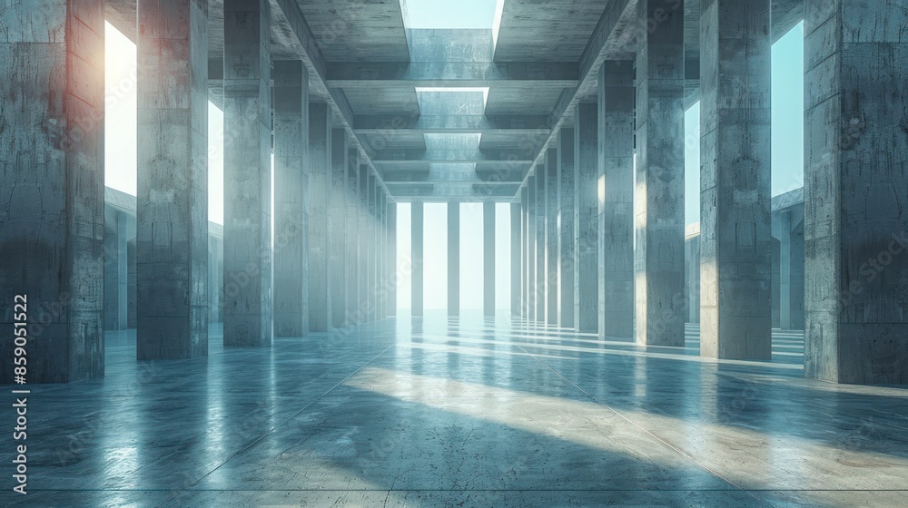 Large Modern Empty Hall of Concrete Material With Many Columns and Large Long Windows Large Modern Empty Hall of Concrete Material With Many Columns and Large Long Windows