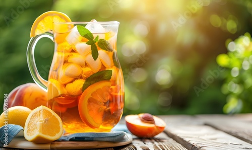 Refreshing pitcher of iced tea garnished with lemon and peach slices, Generative AI