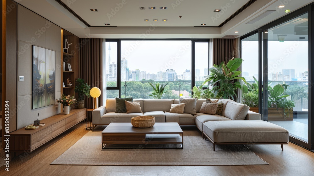 There is a large sofa, a lamp, a small table and a wooden cabinet in the living room of the villa. In the background is a large window with a view of the city outside There is a large sofa, a lamp, a small table and a wooden cabinet in the living room of the villa. In the background is a large window with a view of the city outside