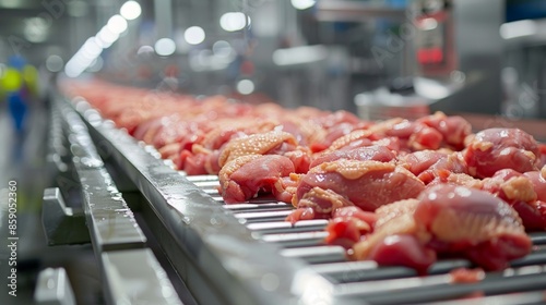 raw pieces of loin meat on a conveyor belt at a poultry farm. production and processing of meat at the factory photo