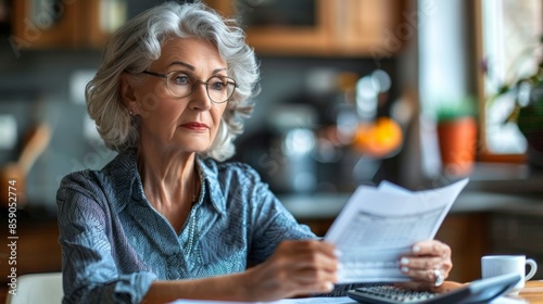 Caucasian pensioner holds in her hands bills for paying for an apartment or taxes next to a calculator on the table
