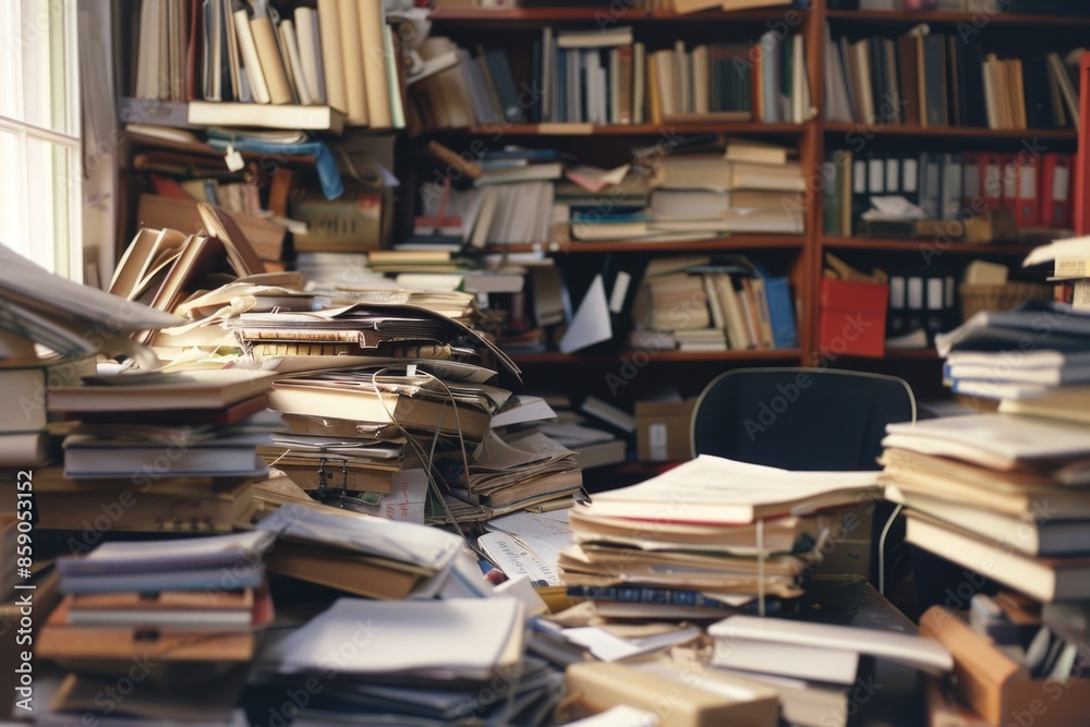 Office Mess: Disorganized Clutter with Piles of Files in Business Setting Office Mess: Disorganized Clutter with Piles of Files in Business Setting