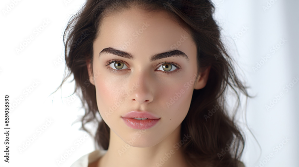 An lonely lady with brown eyes against a stark white background An lonely lady with brown eyes against a stark white background