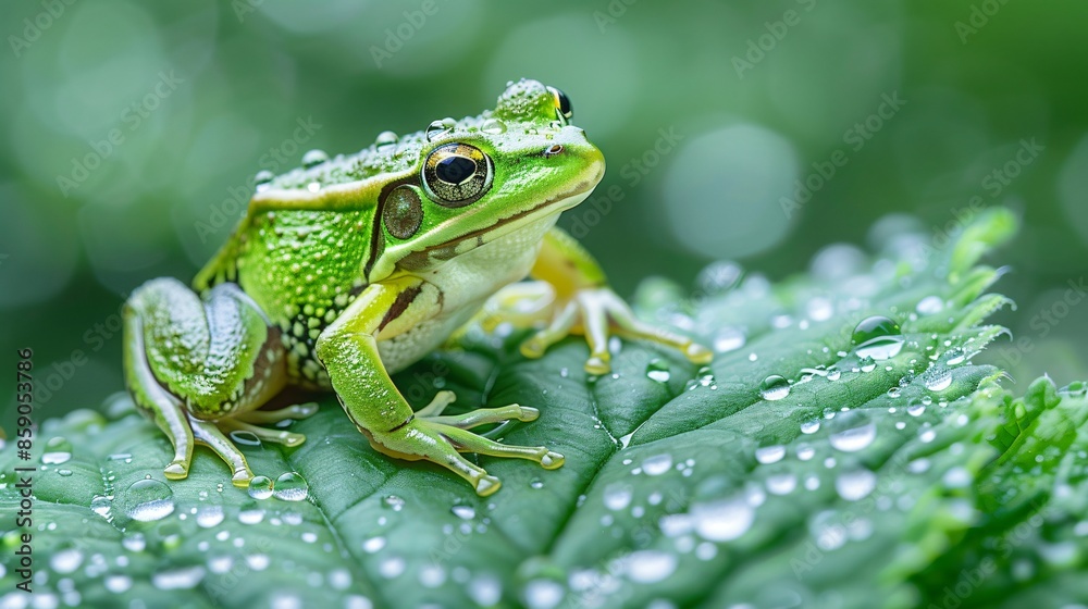 Common European Green Frog on Dewy Leaf Common European Green Frog on Dewy Leaf