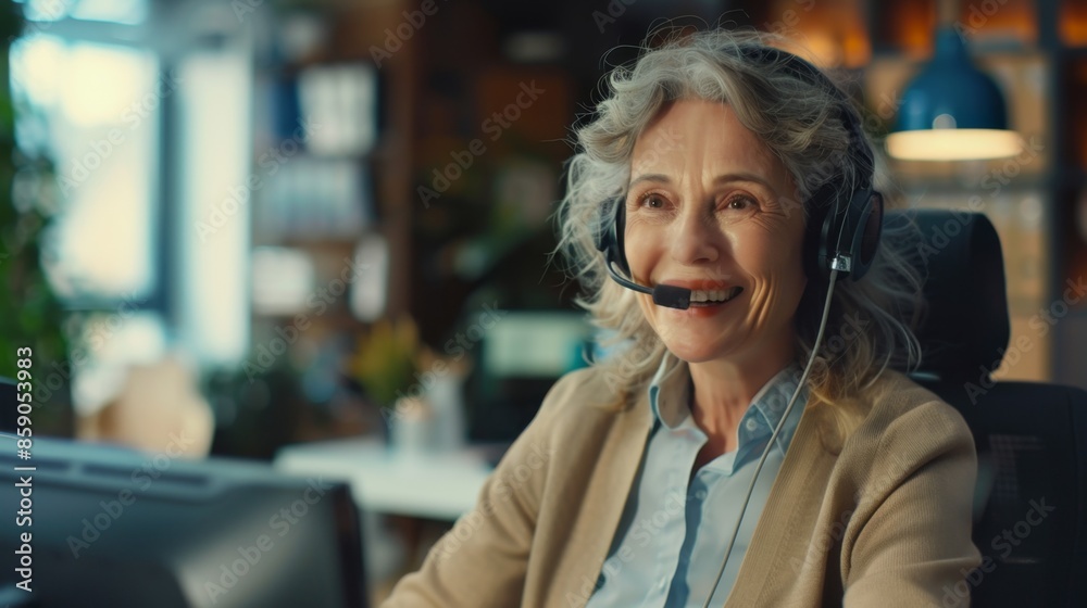 smiling beautiful middle-aged woman working in customer support with a microphone in headphones smiling beautiful middle-aged woman working in customer support with a microphone in headphones