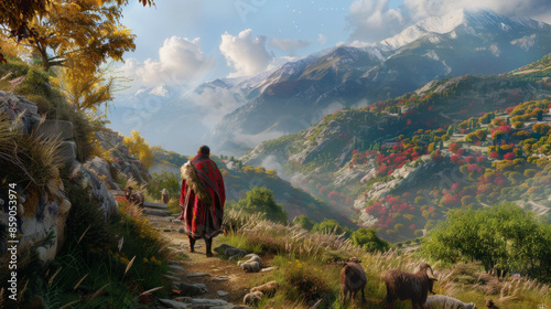 A traveler in a vibrant, colorful autumn mountain landscape, leading a small herd of goats under a bright, sunny sky.