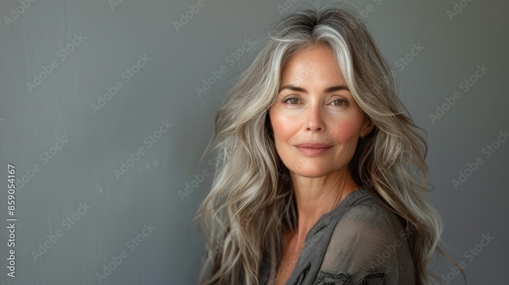 Portrait of a beautiful middle-aged Caucasian woman with model appearance, long hair and well-groomed skin, looking at the camera Portrait of a beautiful middle-aged Caucasian woman with model appearance, long hair and well-groomed skin, looking at the camera