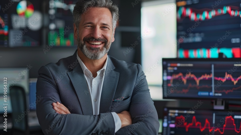 portrait of a confident smiling business man trader or financial analyst against the background of computer monitors with graphs of financial quotes portrait of a confident smiling business man trader or financial analyst against the background of computer monitors with graphs of financial quotes
