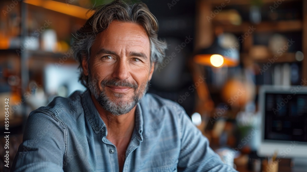 portrait of a Caucasian successful confident business man, middle-aged investor, trader, looking at the camera against the background of a monitor with quotes