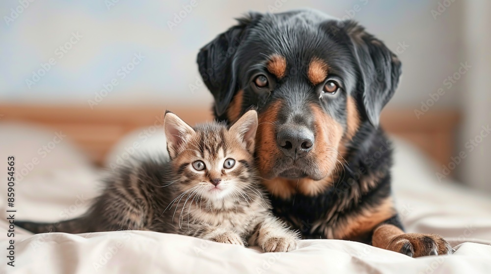 Portrait of a Kitten and a Rottweiler Portrait of a Kitten and a Rottweiler