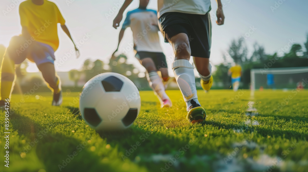 Obraz premium Action-packed soccer match on a bright, sunny day, with players in colorful uniforms fiercely chasing the ball amidst lush green grass.