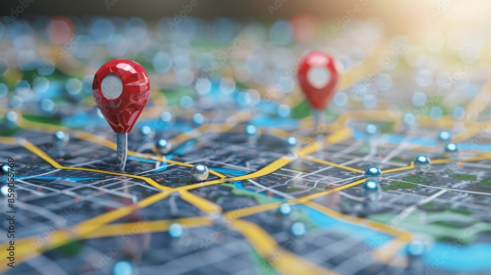 A digital map displaying a location with two pins set, representing AI technology in GPS A digital map displaying a location with two pins set, representing AI technology in GPS