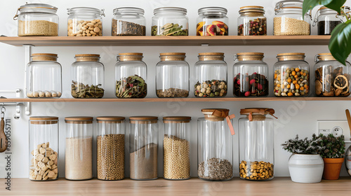 Organized kitchen pantry with glass jars of grains, spices, and dried fruits
