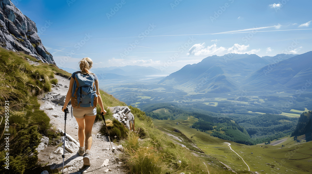 Woman hiking on mountain trail with stunning valley view Woman hiking on mountain trail with stunning valley view