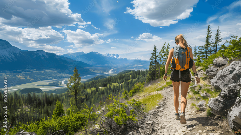 Woman hiking on mountain trail with stunning valley view Woman hiking on mountain trail with stunning valley view