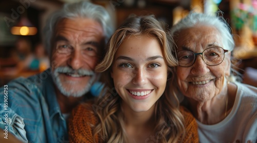 A young woman taking a selfie with her elderly grandparents during a family meal at home