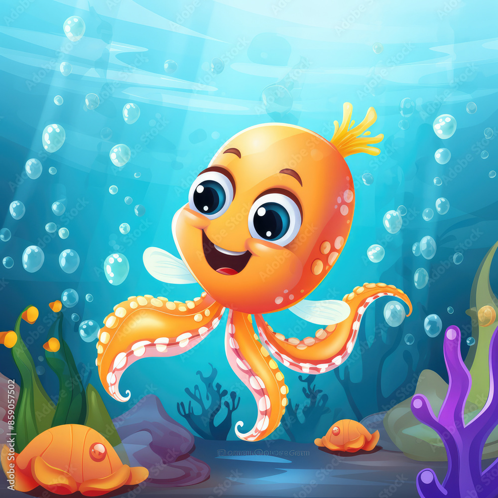 Cute Cartoon Octopus Character Underwater in the Ocean, Generative AI Cute Cartoon Octopus Character Underwater in the Ocean, Generative AI