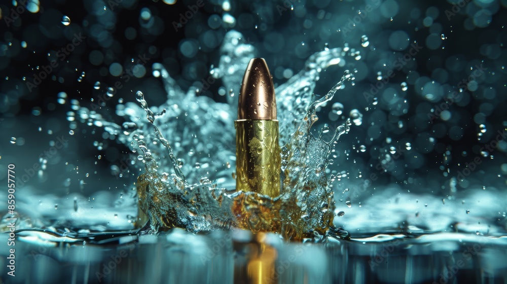 Fototapeta premium Bullet in slow motion slicing through water droplets dramatic lighting hyper-realistic detail banner with copy space