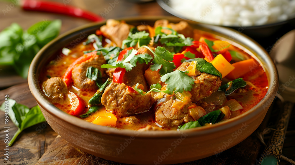 A bowl of vibrant, spicy curry with chunks of tender meat and colorful vegetables, garnished with fresh herbs and served with a side of fluffy white rice, against a warm, inviting background