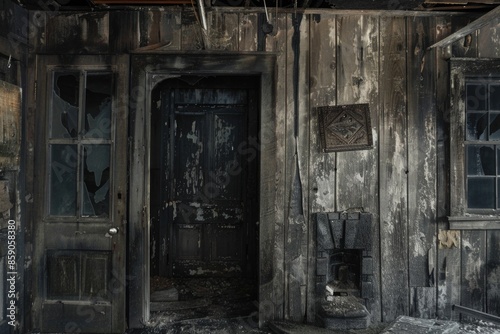 Broken Down House. Weathered Home with Worn Roof, Door, and Windows © AIGen