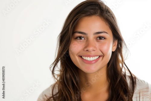 Dental White Background. Portrait of Happy Young Hispanic Woman Smiling in Studio